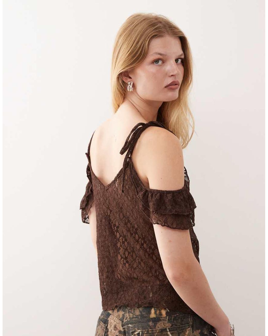 Reclaimed Vintage Brown Lace Cami Lace Top With Sleeve Detail