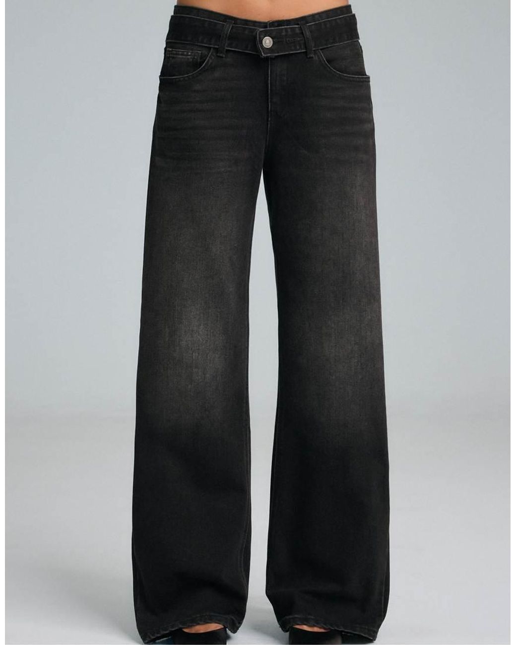Stradivarius Black Double-waist Wide-leg Jeans