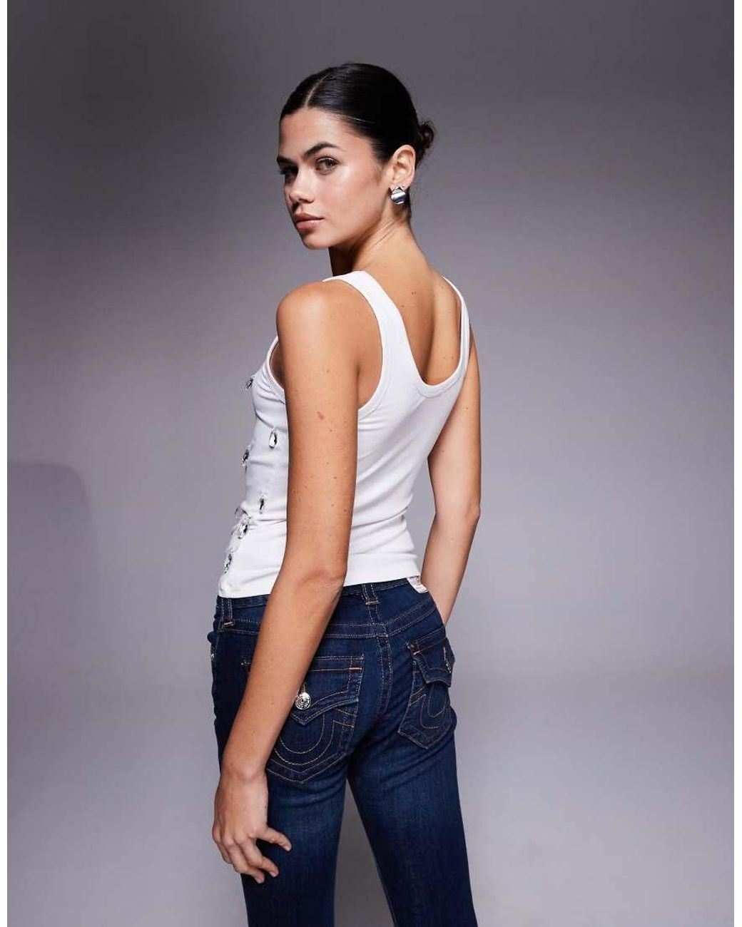 Edikted Blue Zelana Faux Crystal Ribbed Tank Top