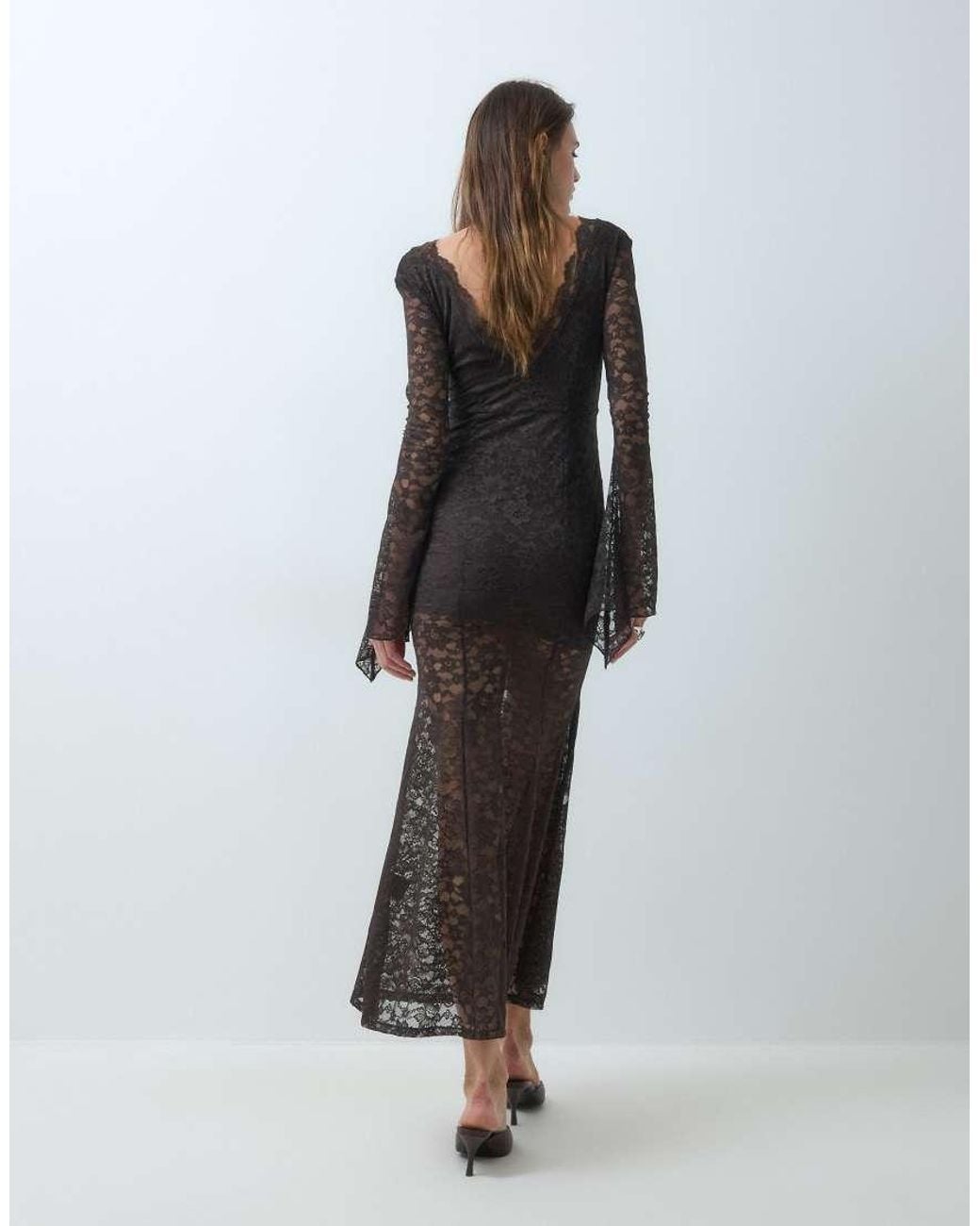 Monki Black Long Sleeve Fishtail Maxi Dress With Sheer Skirt