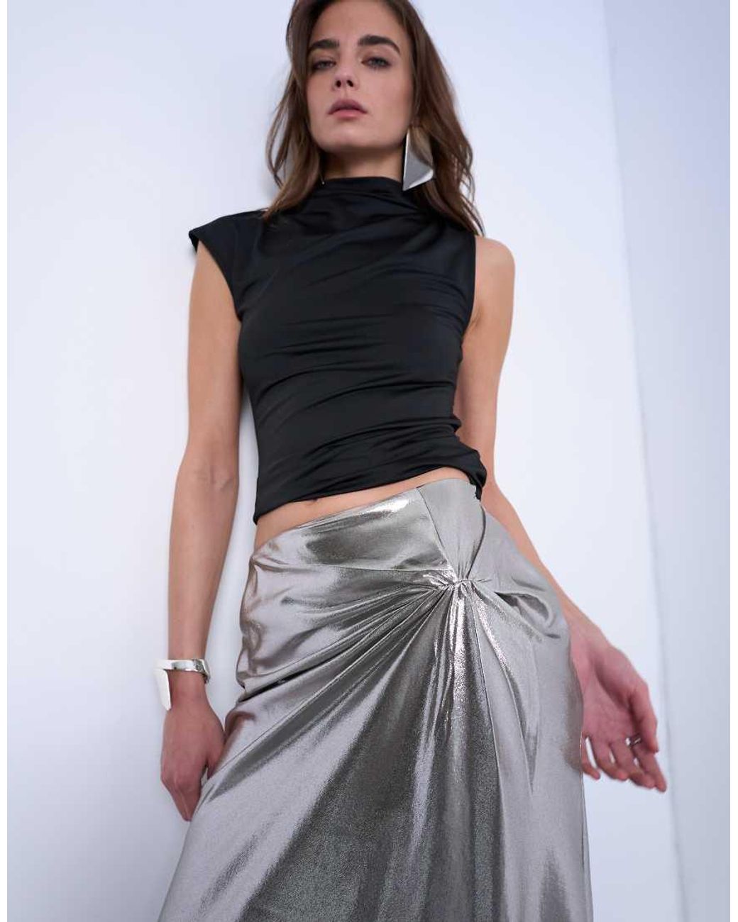 TOPSHOP White Metallic Knot Midi Skirt