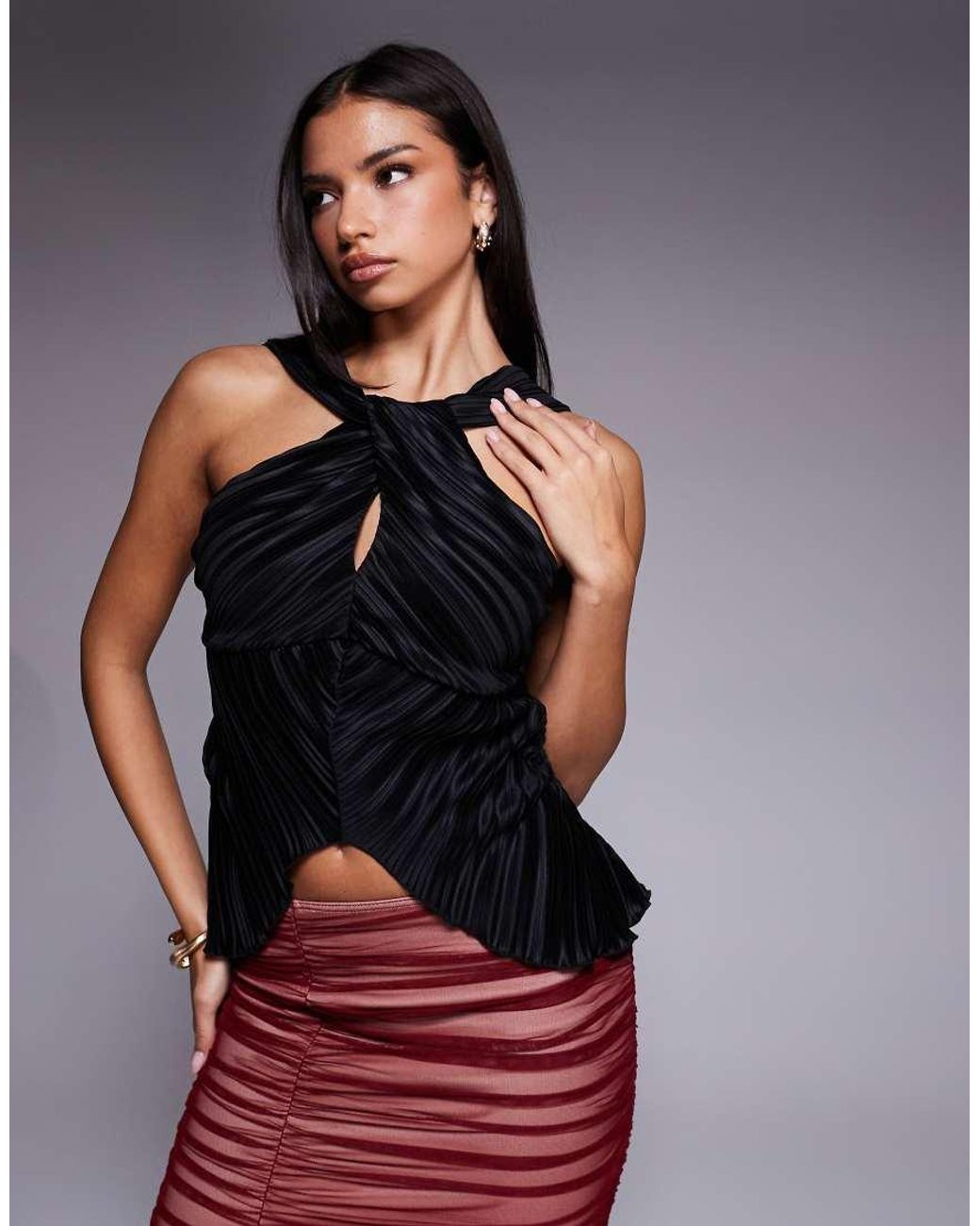 ASOS Blue Plisse Halter Neck Top With Knot And Split Detail
