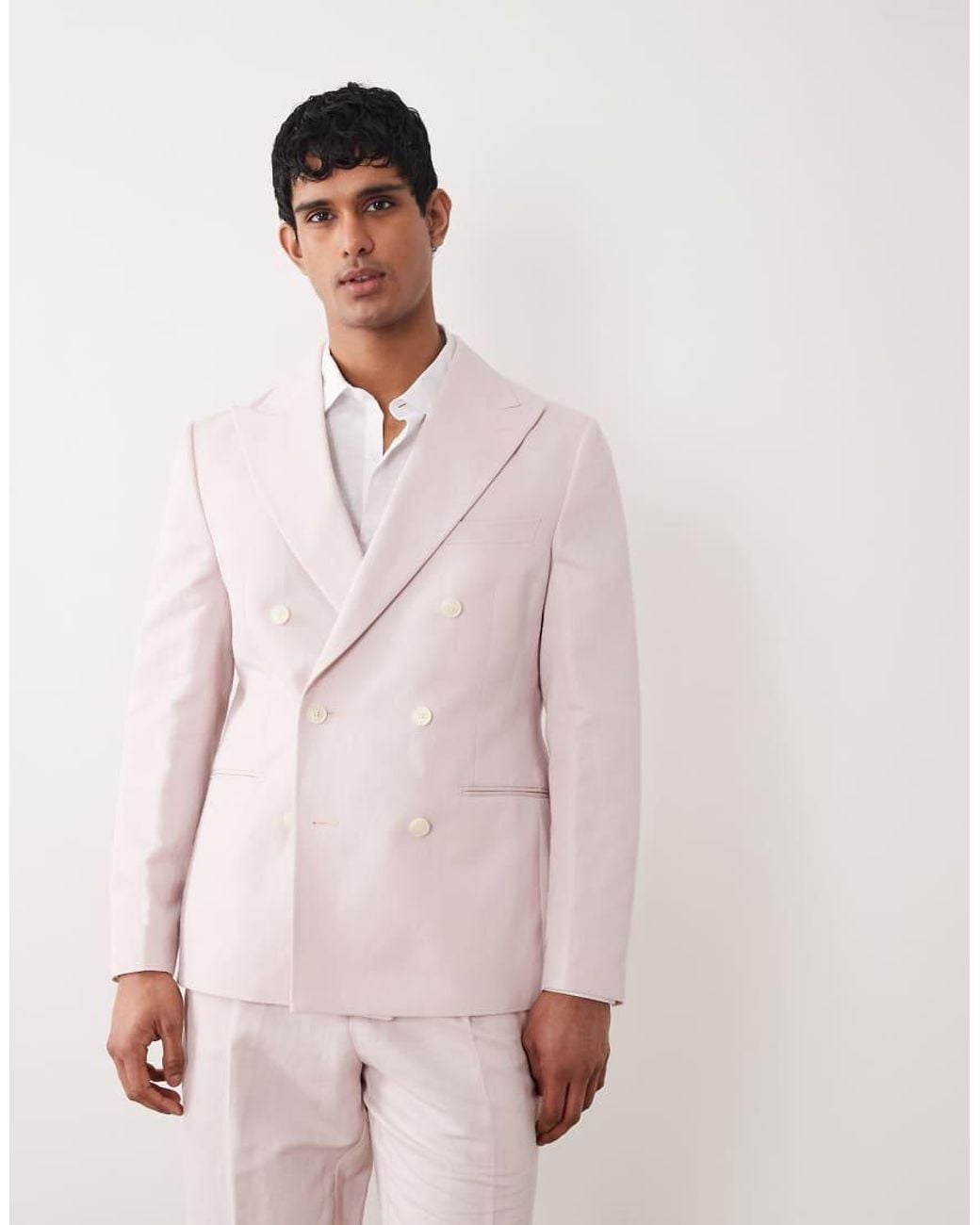 ASOS Pink Slim Linen Rich Double Breasted Suit Jacket for men