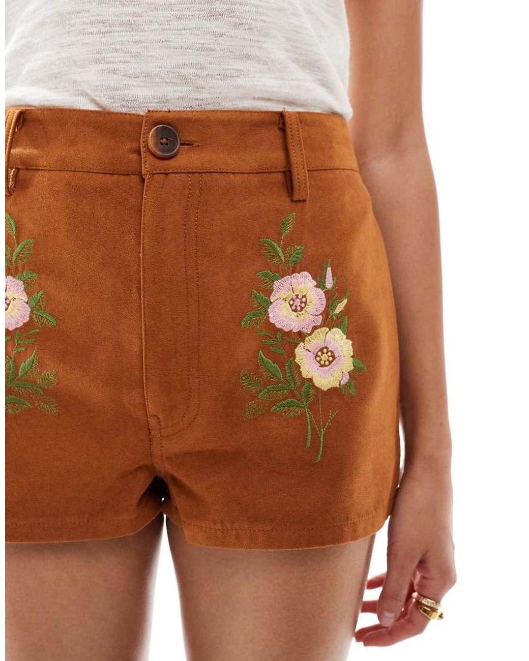 ASOS Brown Suedette Micro Shorts With Embroidery