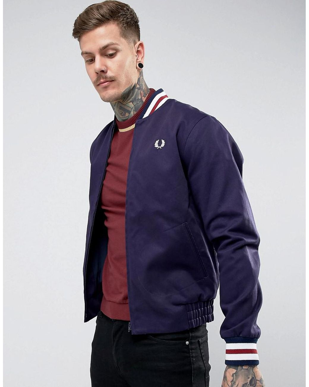 Fred Perry Reissues Tipped Varsity Bomber Jacket In in Blue for Men | Lyst
