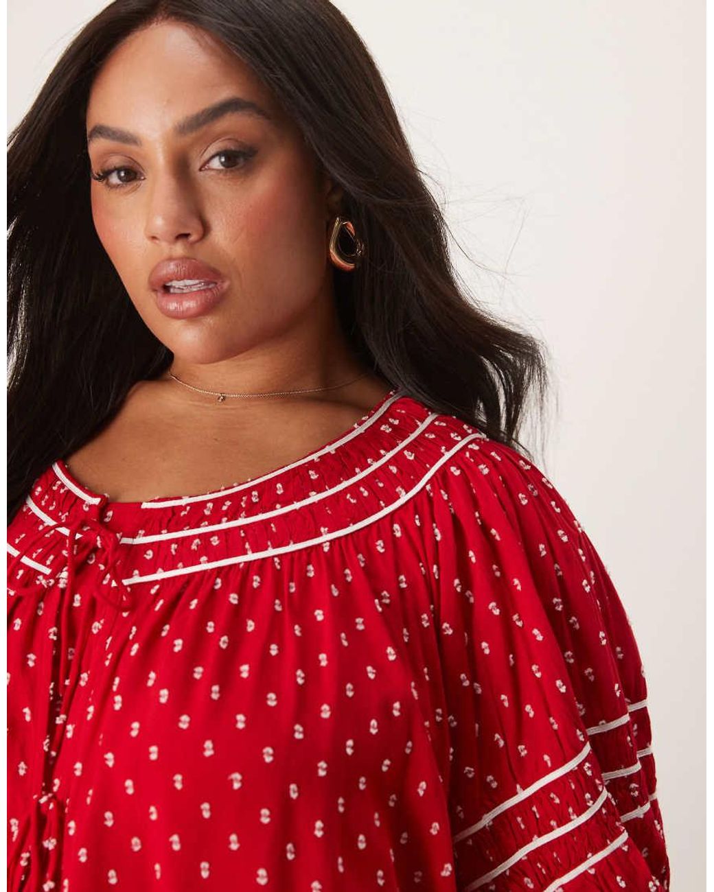 Nobody's Child Red Iris Puff Sleeve Tie-Detail Top