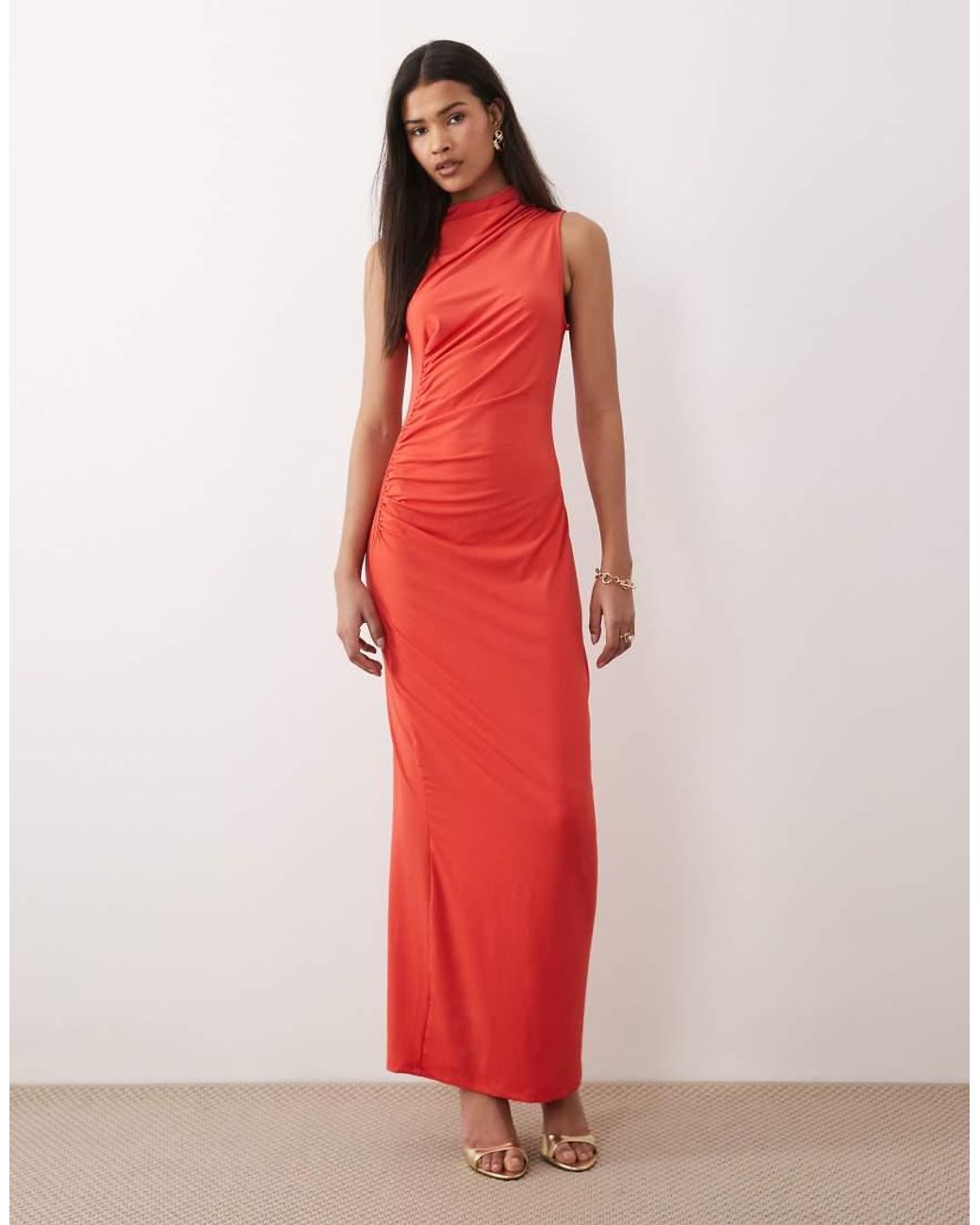 Vila Red High Neck Ruched Maxi Dress