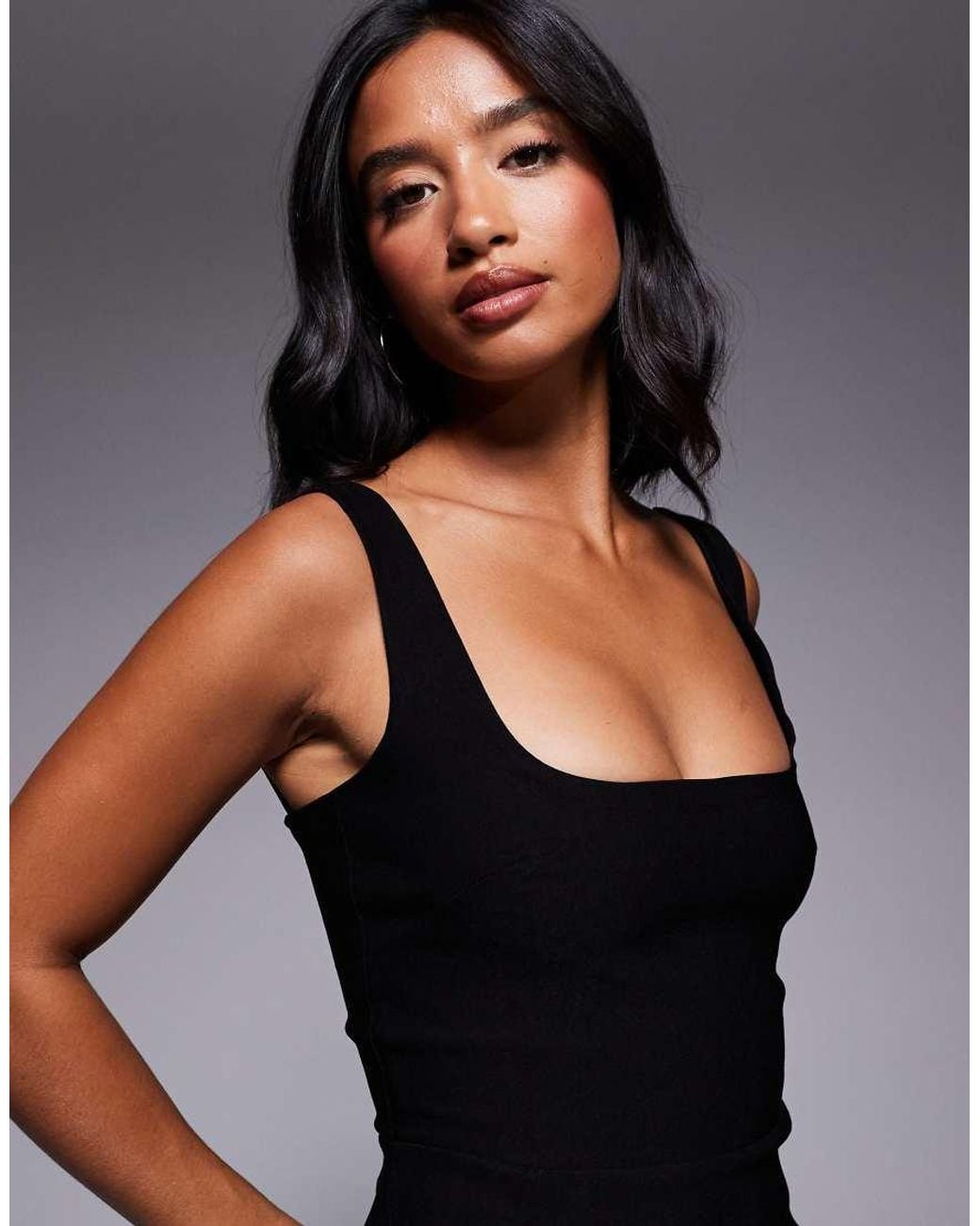 Vesper Petite Black Bengaline Sleeveless Square Neck Fishtail Midi Dress