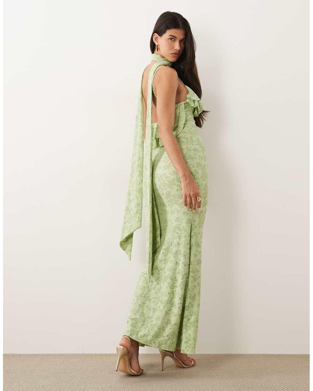 ASOS Green Devore Frill Neckline Maxi Dress With Scarf Detail