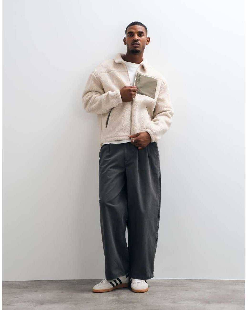ASOS Natural Relaxed Zip Through Borg Jacket With Cut And Sew Details for men
