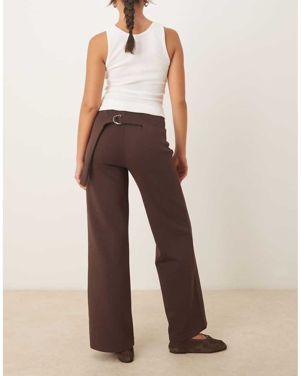 ASOS Natural Interlock Straight Leg Mid Rise Trousers With Cinched Back Detail