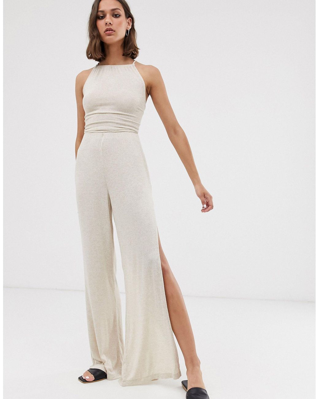 ASOS Jumpsuit With Split Leg And Rope Tie Back Detail in Natural | Lyst