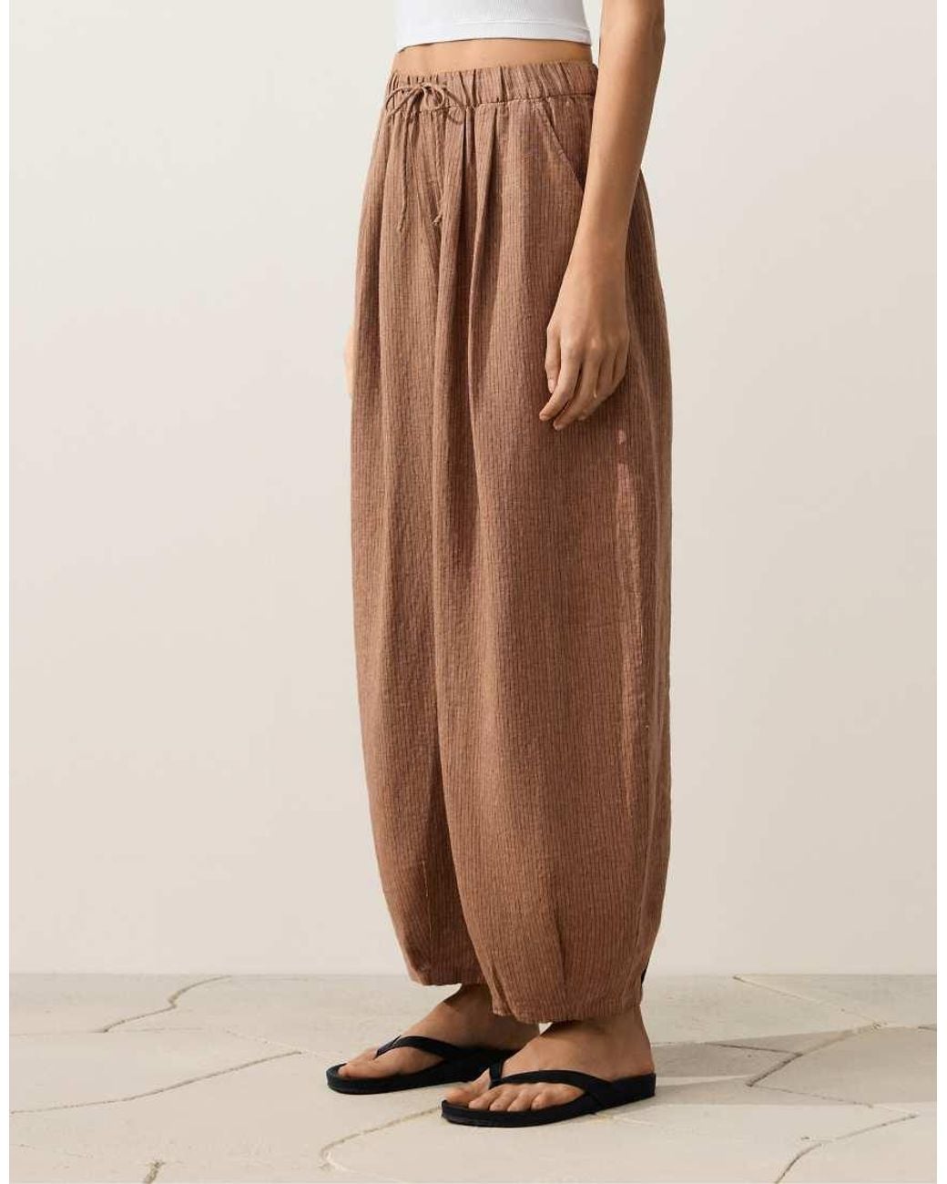 Oysho Natural 100% Linen Striped Balloon Trousers