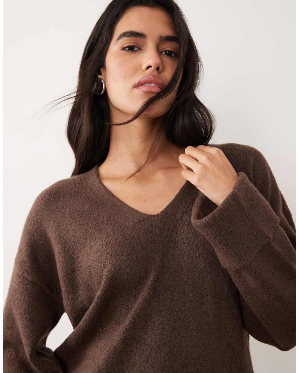 Vila Brown V Neck Knit Tunic Jumper