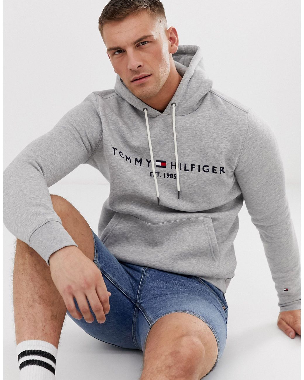 tommy hilfiger grey logo hoodie