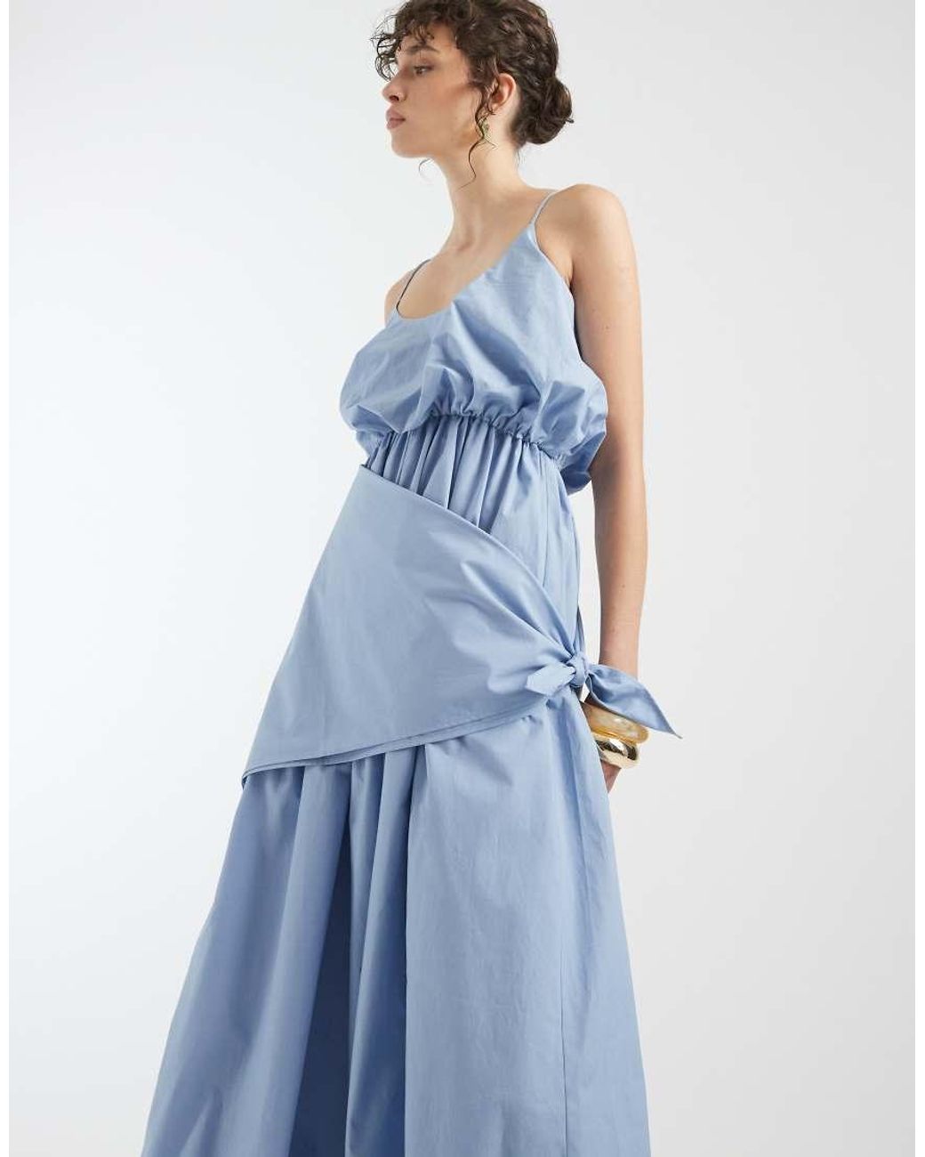ASOS Blue Poplin Puff Midi Dress With Cinched Scarf Waist Detail