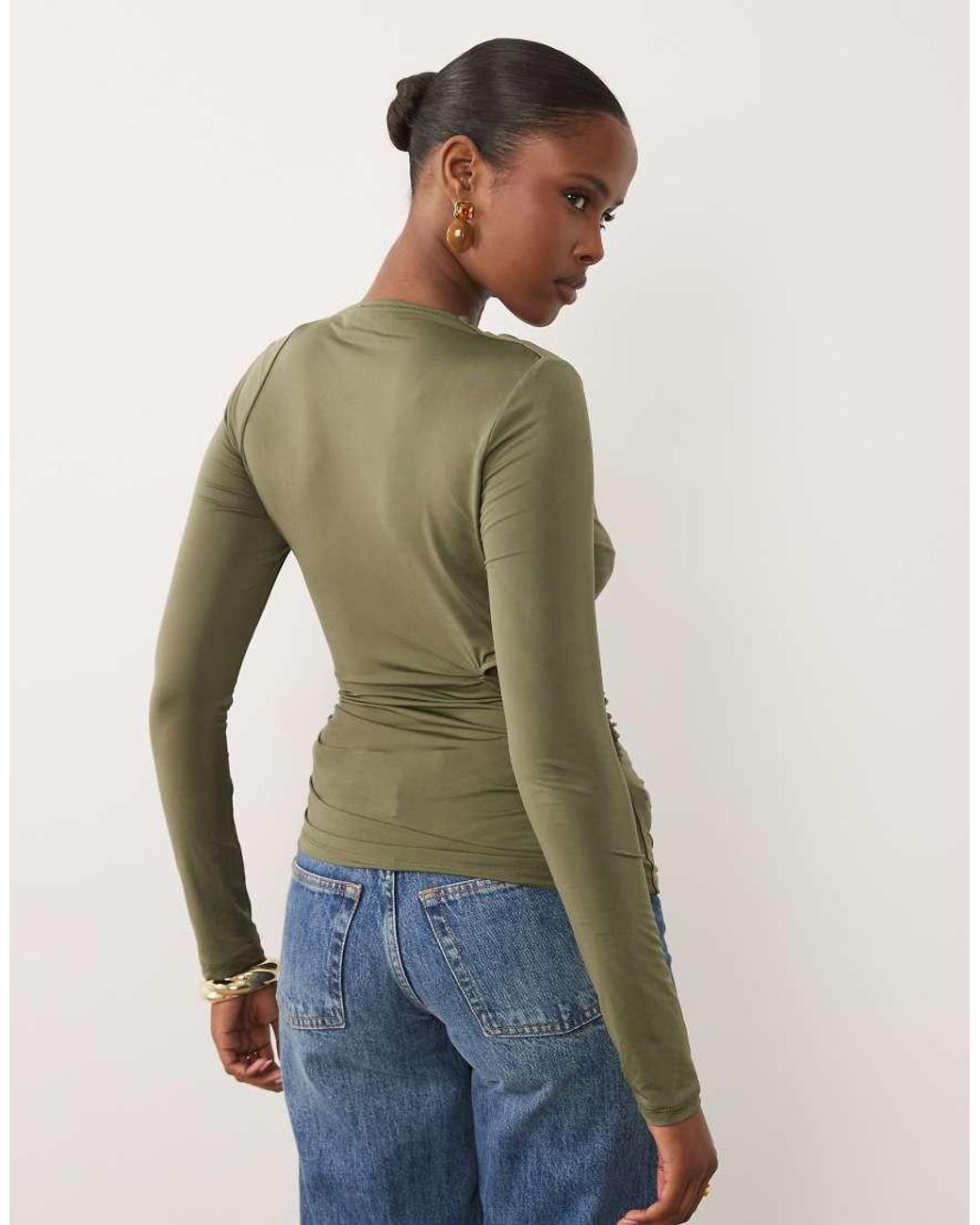 ASOS Green Asymmetric Ruched Long Sleeve Top With Cut Out