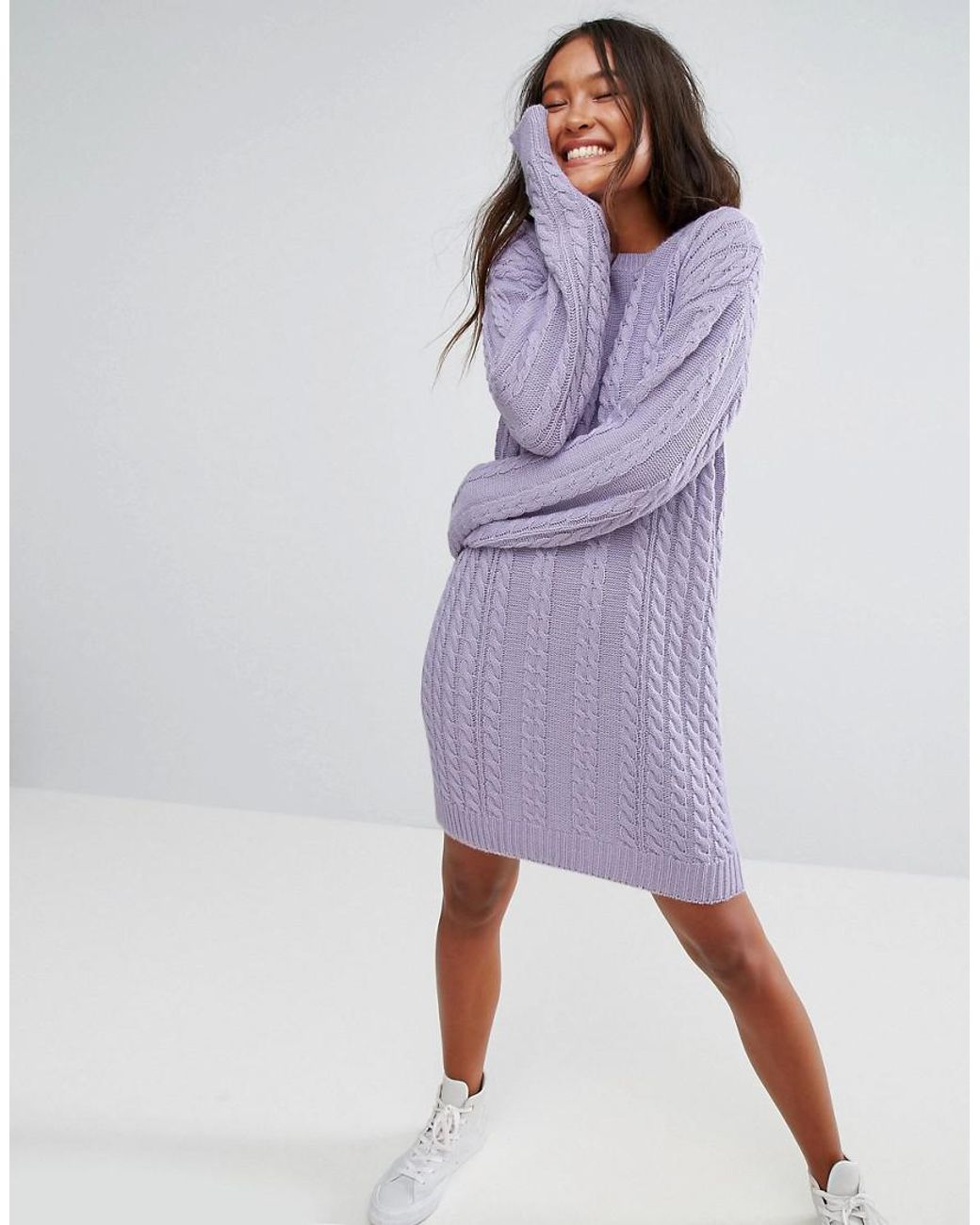 ASOS Sweater Dress With Cable Knit in Purple | Lyst