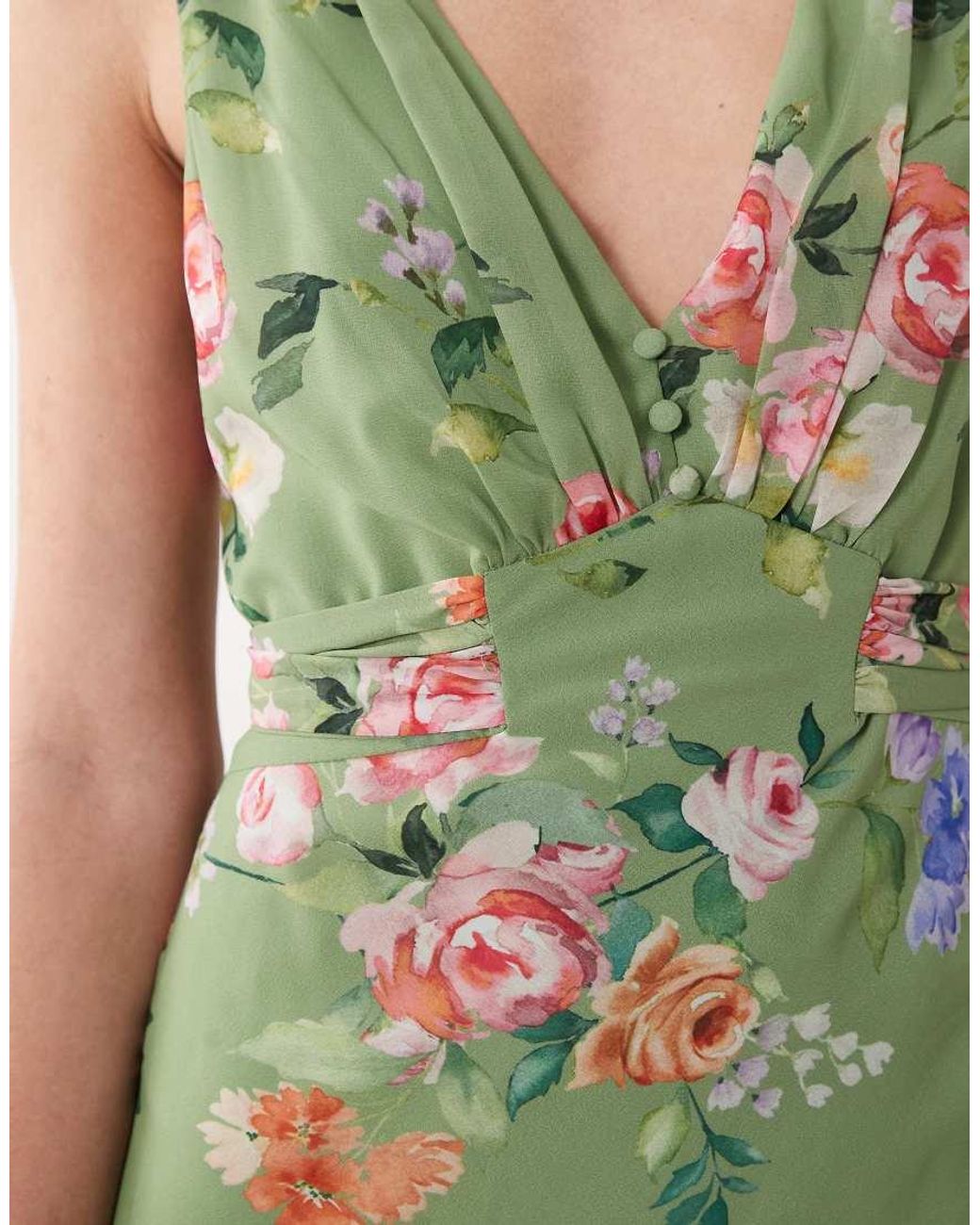 Hope & Ivy Green V Neck Button Front Maxi Dress With Tie Waist
