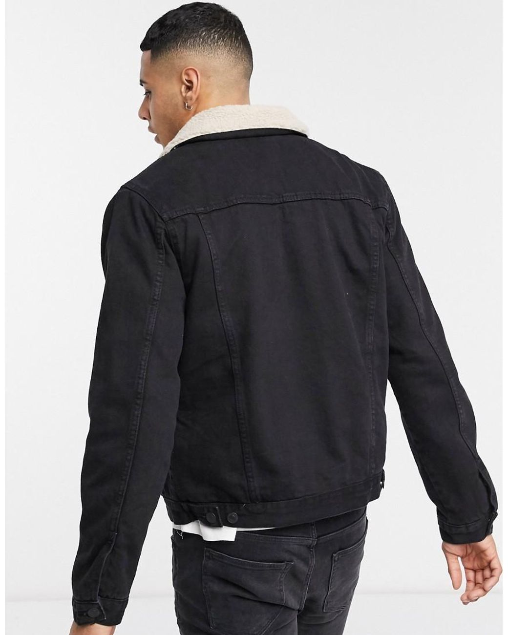 new look borg lined denim jacket in washed black