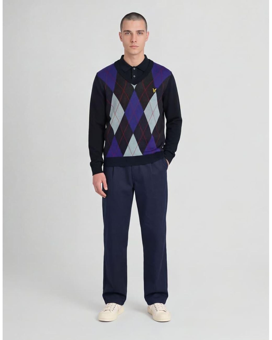Lyle & Scott Blue Mid Knits Argyle Knitted V-Neck Jumper for men