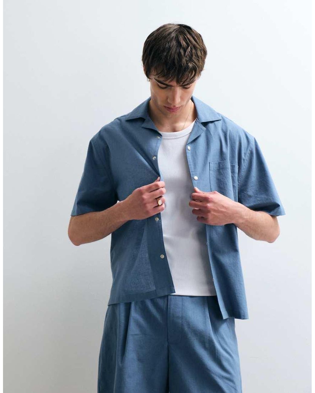 ASOS COLLECTIVE Blue Relaxed Cotton Shirt With Linen for men
