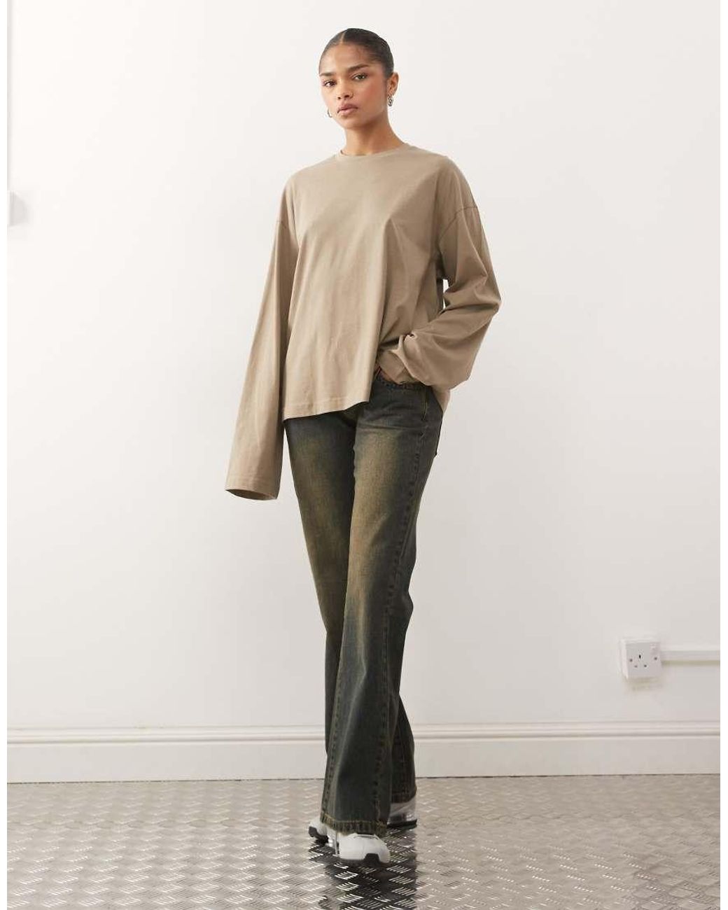 Monki Natural Oversized Long Sleeve T-shirt With Side Slits