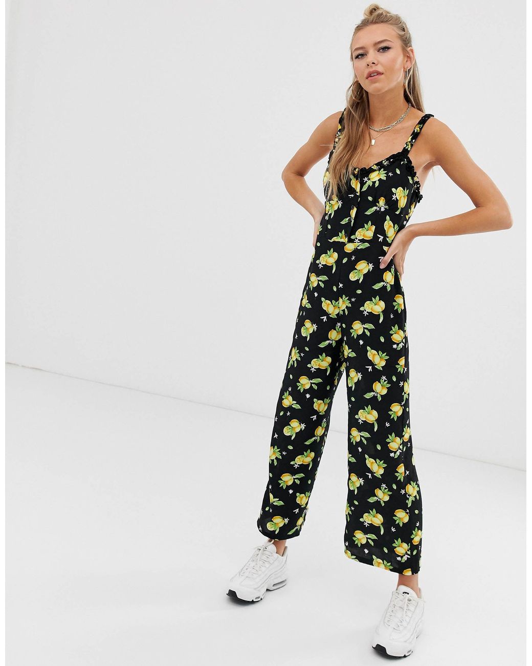 Bershka Denim Fruit Printed Jumpsuit in 