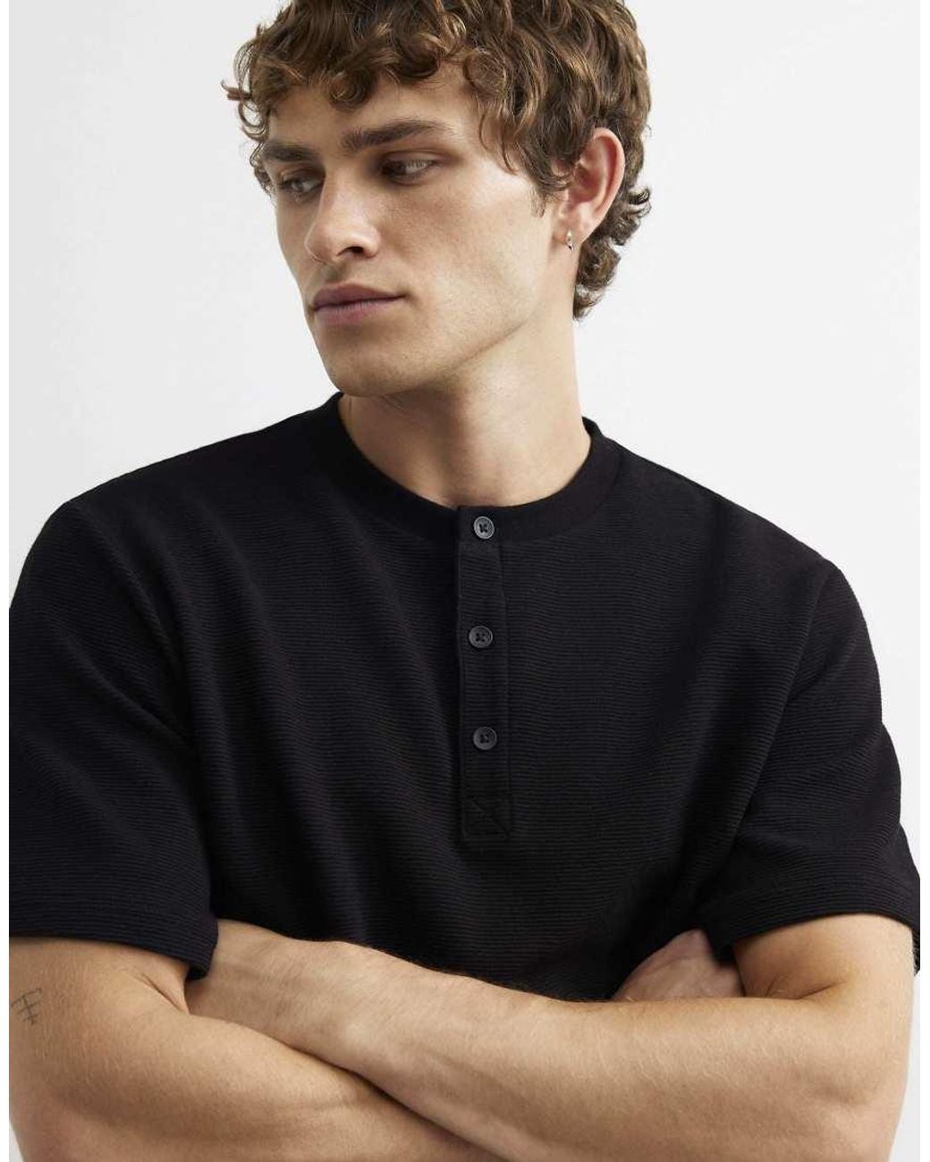 River Island Black Regular Fit Cotton Henley Neck T-Shirt for men