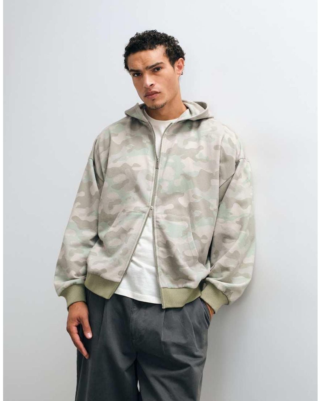 Collusion Gray Camo Washed Zip Hoodie for men