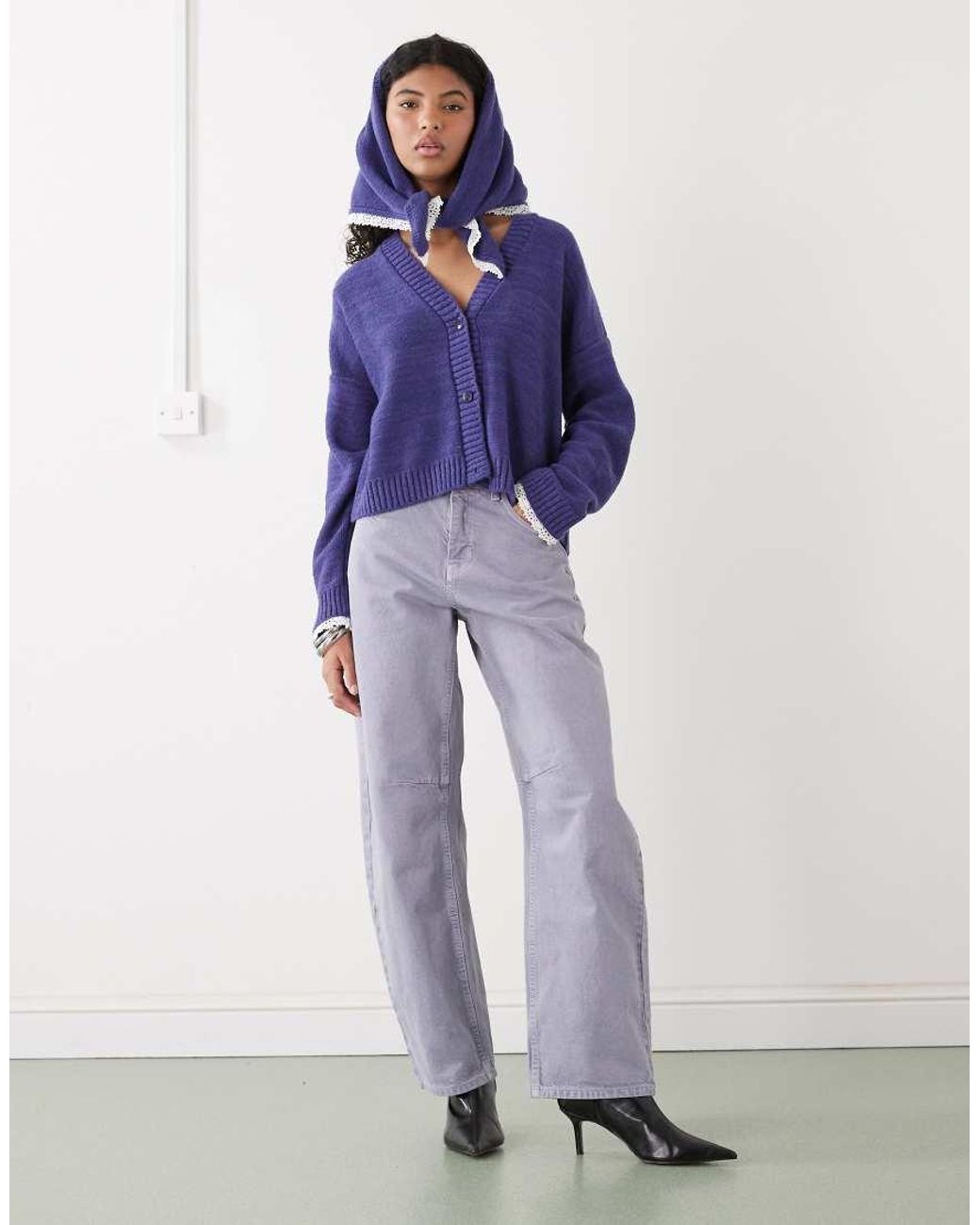 Reclaimed (vintage) Blue Cropped Boxy Cardigan With Headscarf With Crochet Trim