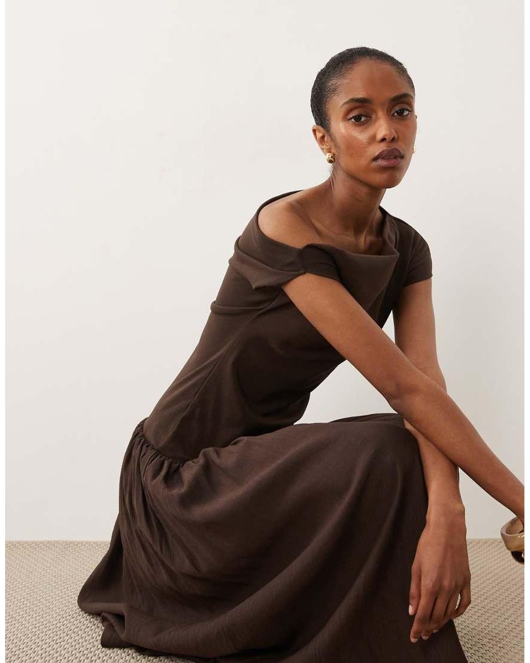 Mango Brown Asymmetric Sleeveless Drop Waist Maxi Dress