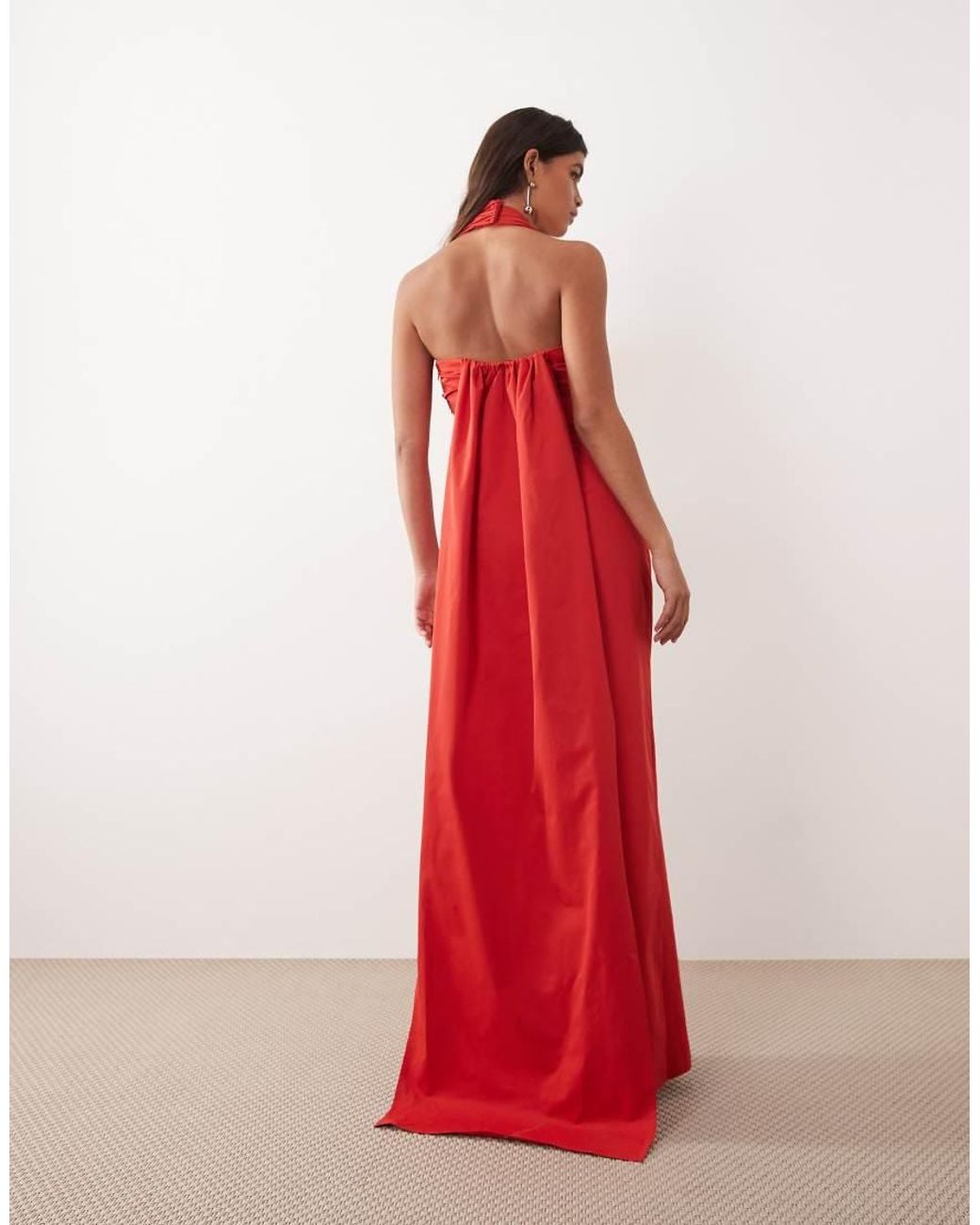 ARRANGE Red Structu Halter Maxi Dress With Train Back