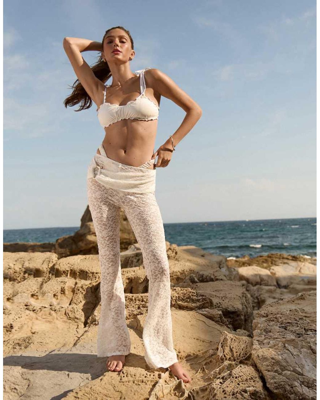 The Frolic Blue Exclusive Lace Drape Metal Detail Wide Leg Beach Trousers