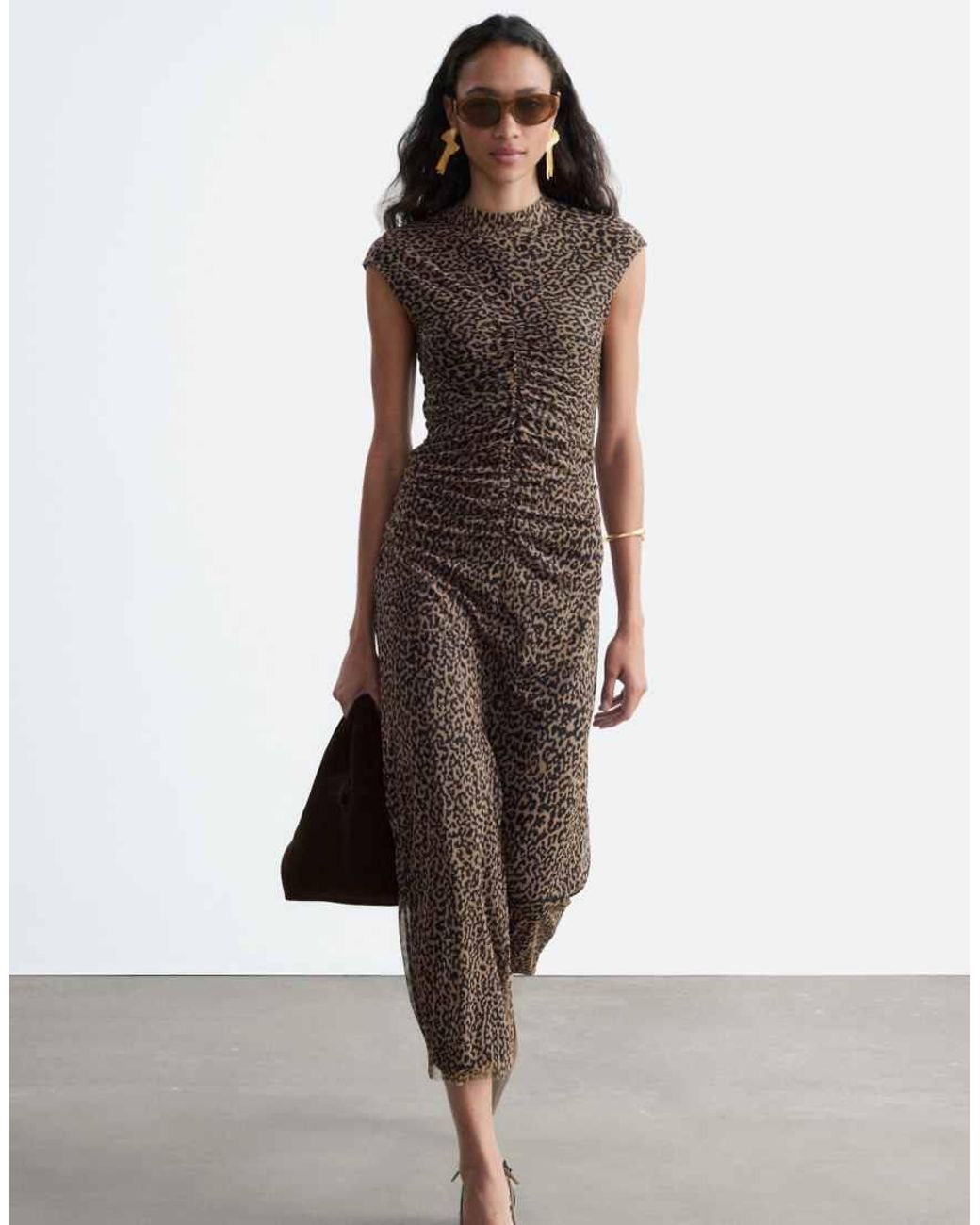 & Other Stories Brown High Neck Mesh Midi Dress With Ruche Detail