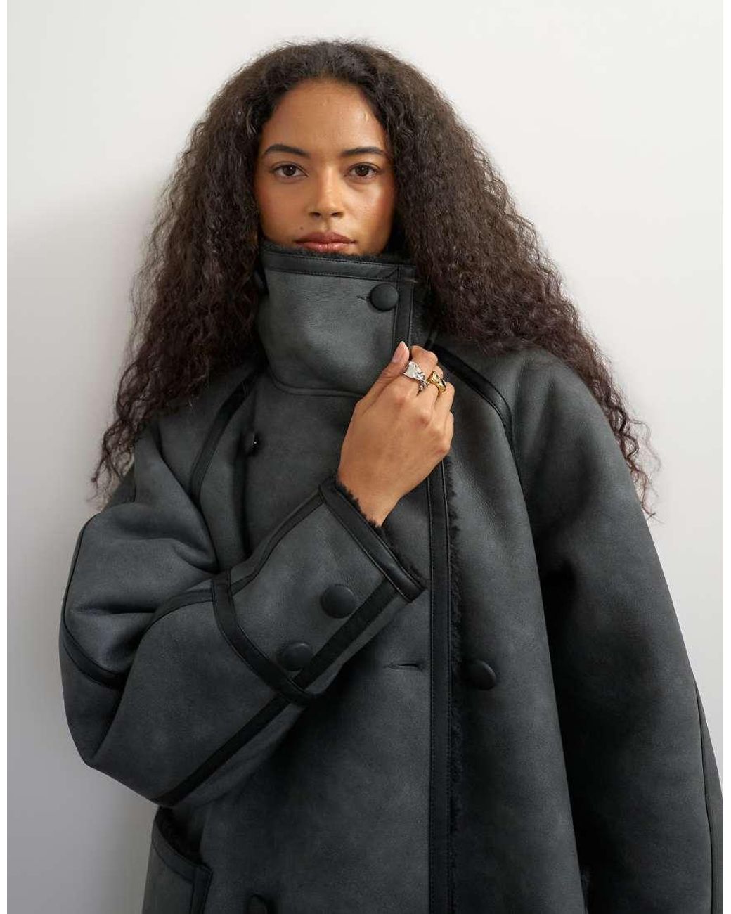 TOPSHOP Black Longline Faux Leather Funnel Neck Coat