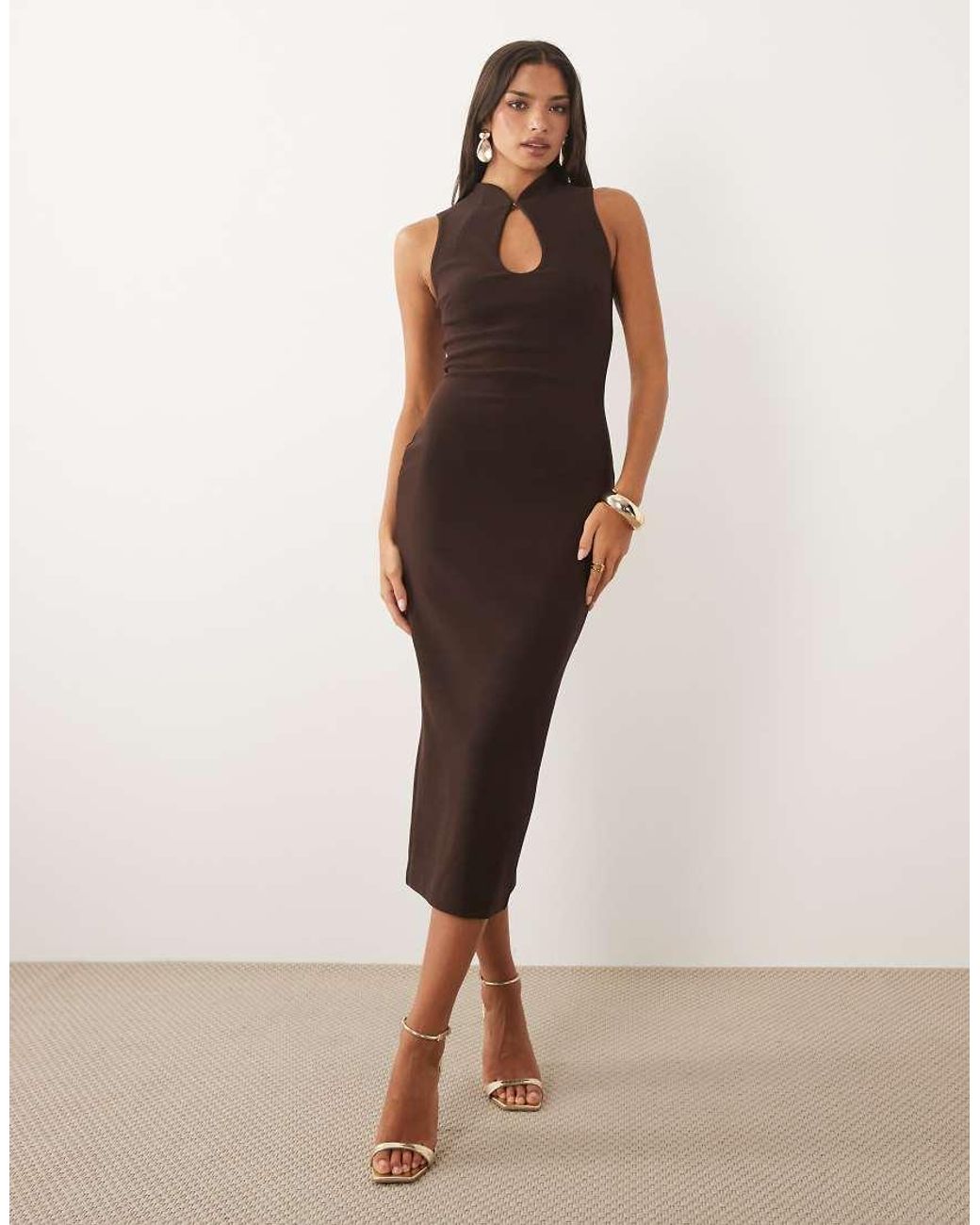 Forever New Natural Mandarin Collar Bodycon Midi Dress