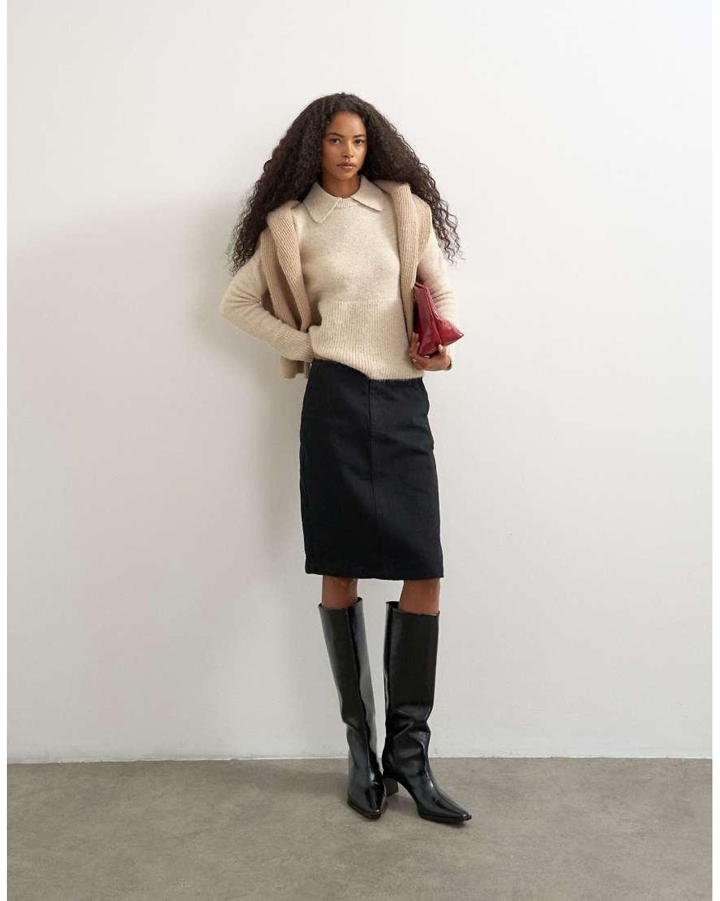 TOPSHOP Brown Knitted Peplum Polo Jumper