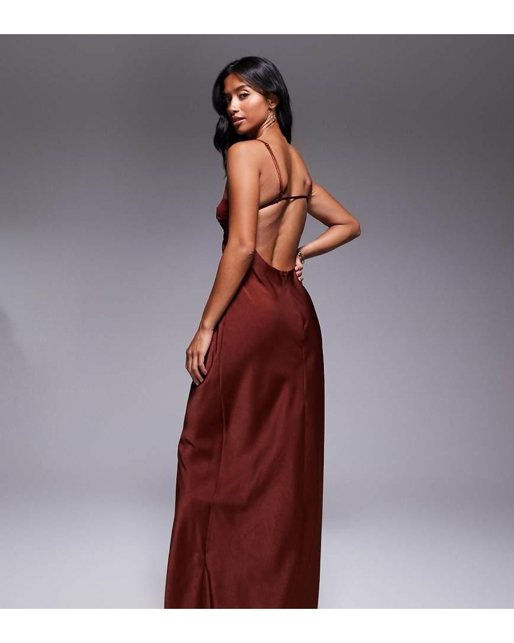 ASOS Brown Asos Design Petite Satin Strappy Halter Maxi Dress With Contrast Bust