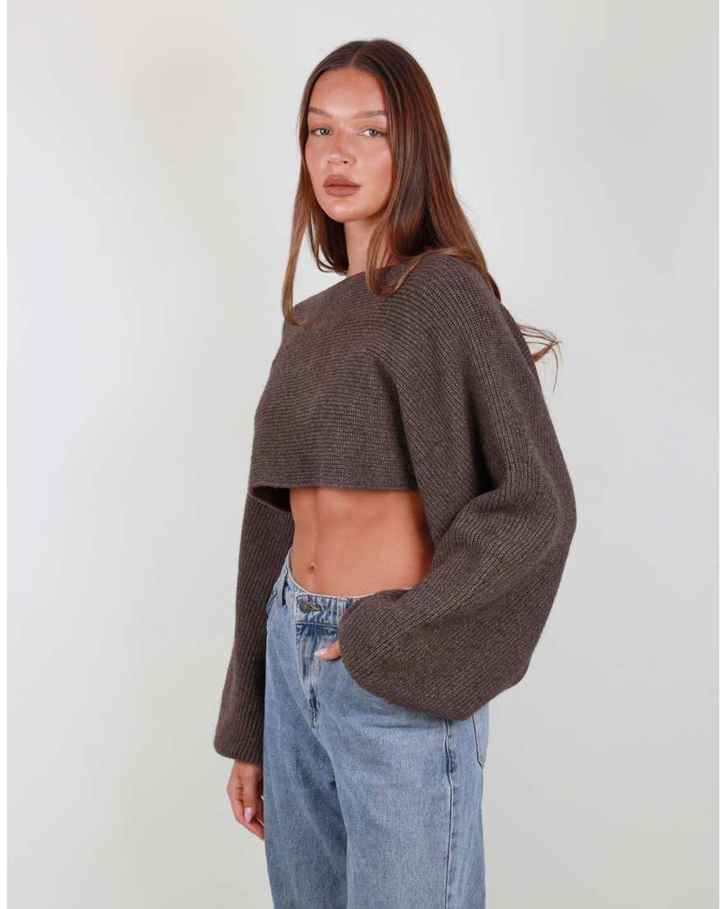 SIMMI Brown Balloon Sleeve Knit Crop Top
