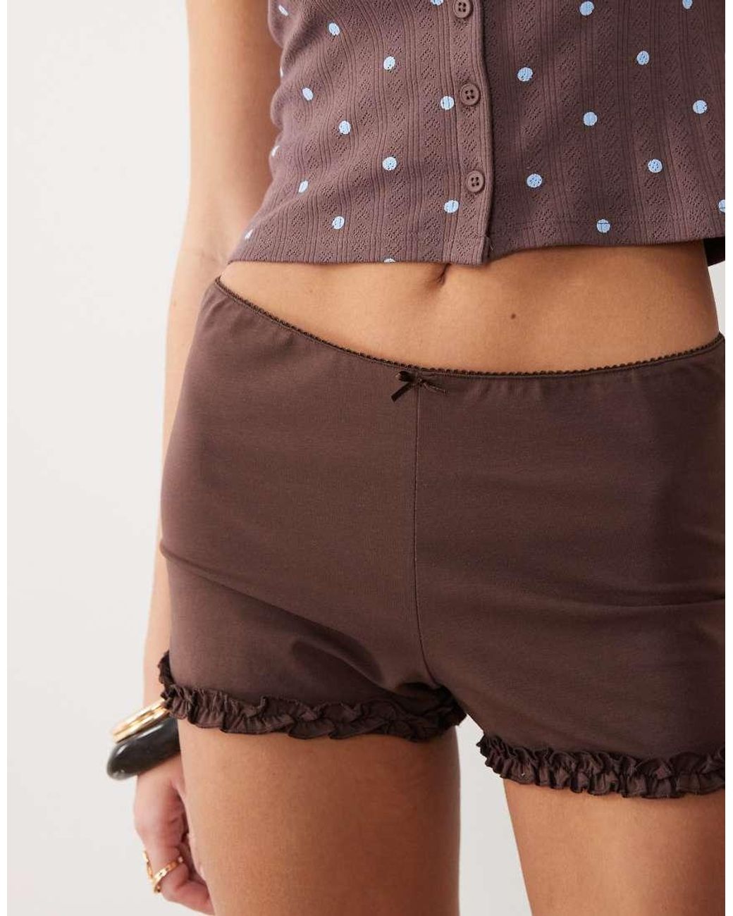 Miss Selfridge Brown Micro Mini Shorts With Ruffle Hem Detail