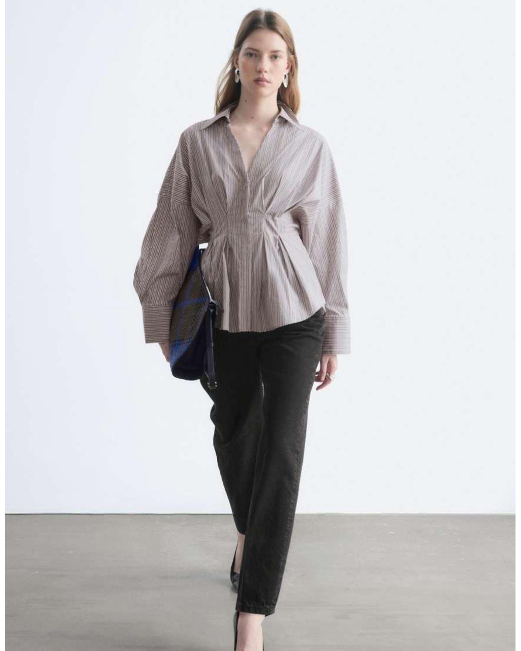 & Other Stories Gray Cinched Waist Peplum Shirt