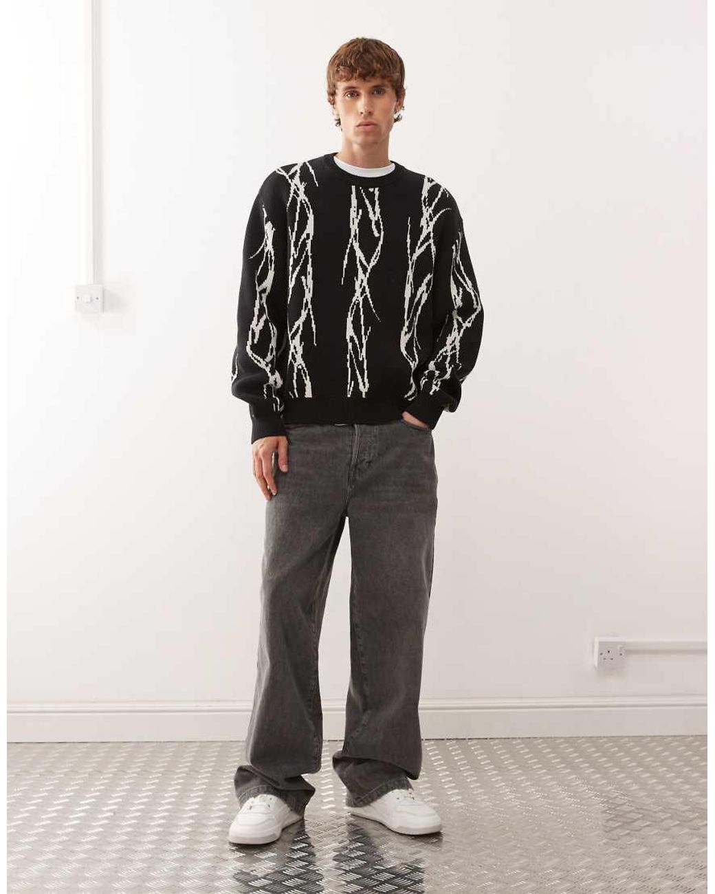 Weekday Black Oversized Jumper With Barbed Wire Graphic Jaqcuard for men