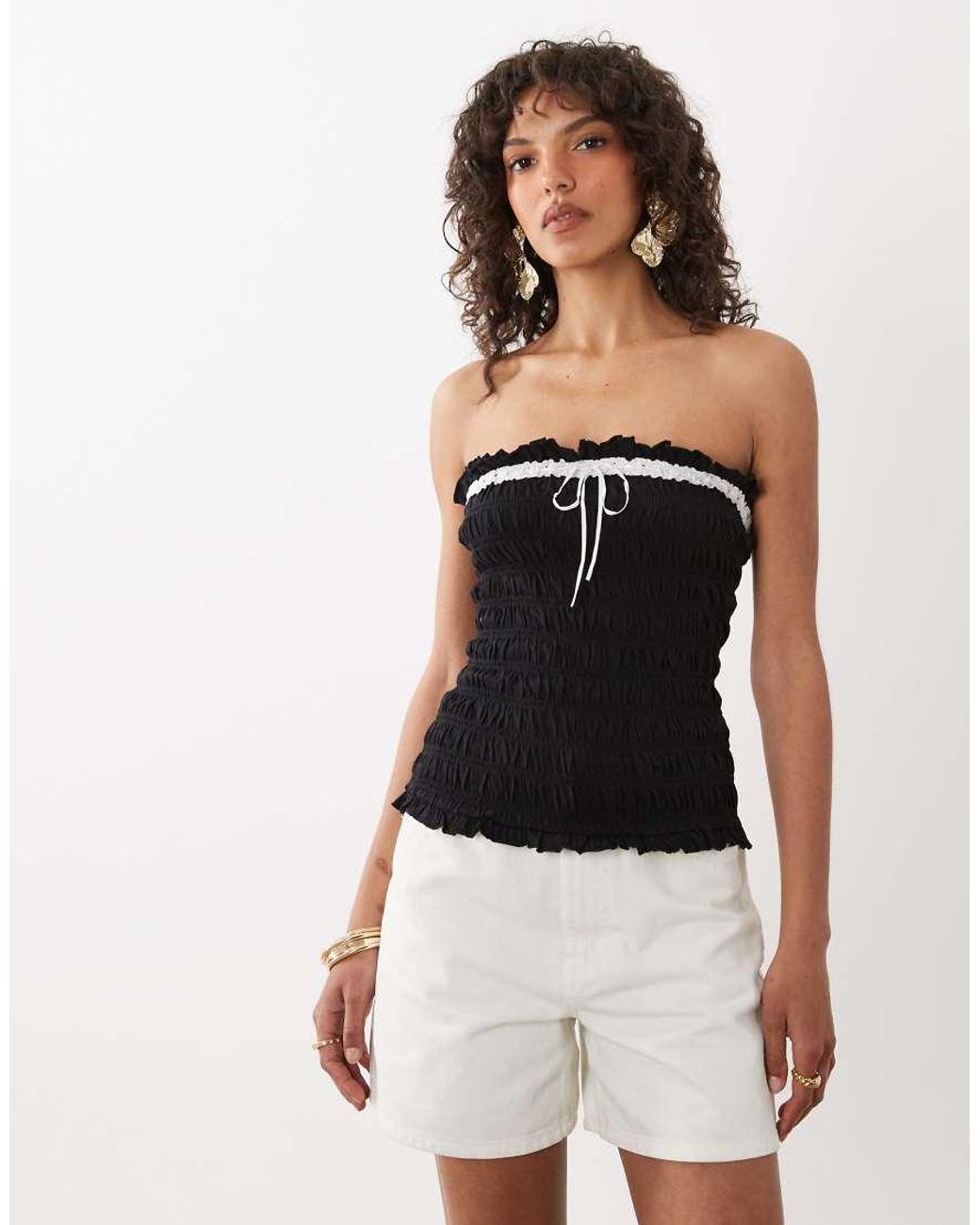 Nobody's Child Black Cotton Shirred Bodice Bandeau Top With Contrast Detailing