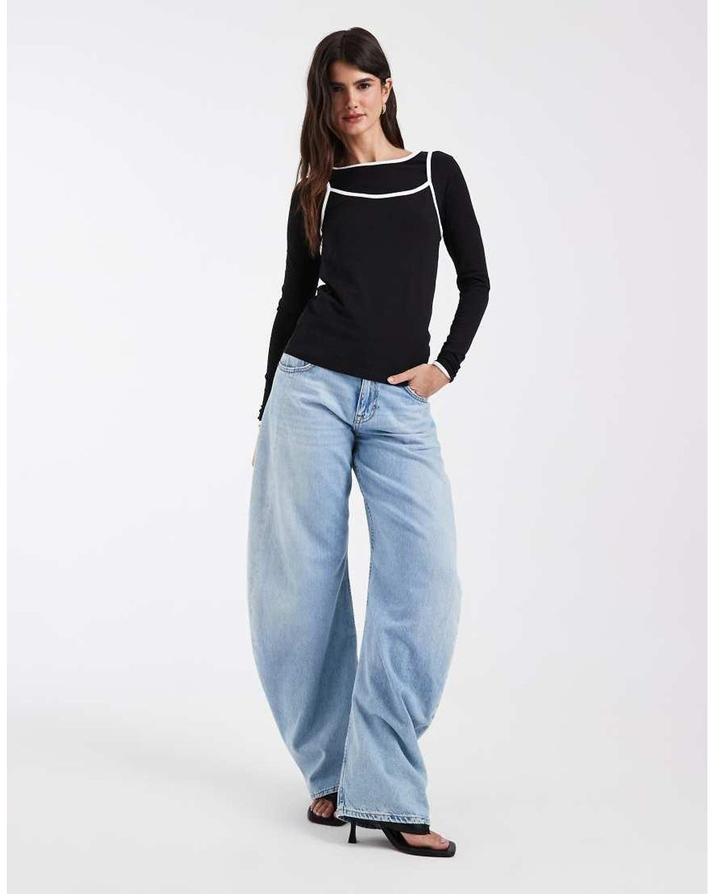 Noisy May Blue Double Layer Long Sleeve Top With Contrast