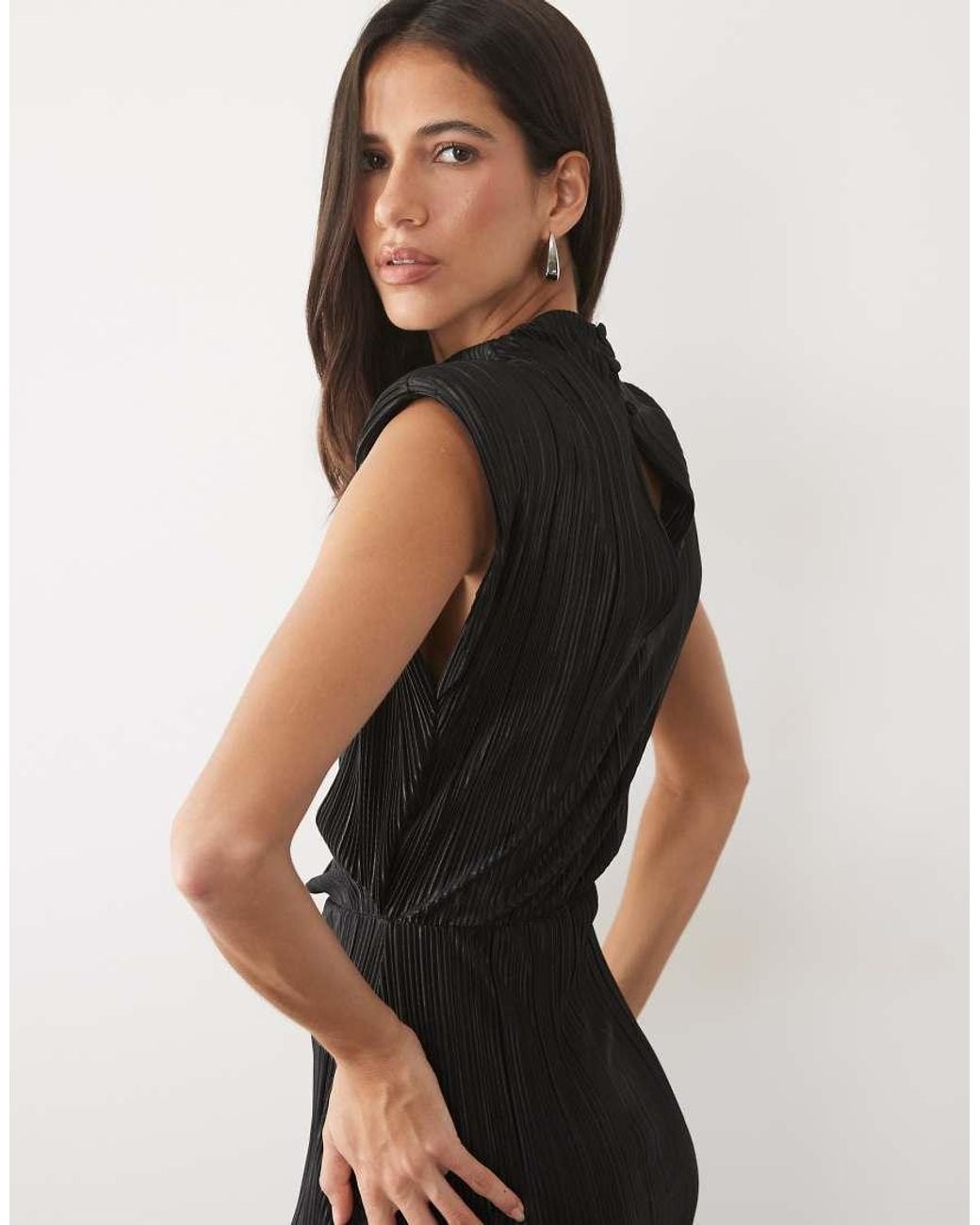 ASOS Black Plisse High Neck Column Midi Dress With Shoulder Pads