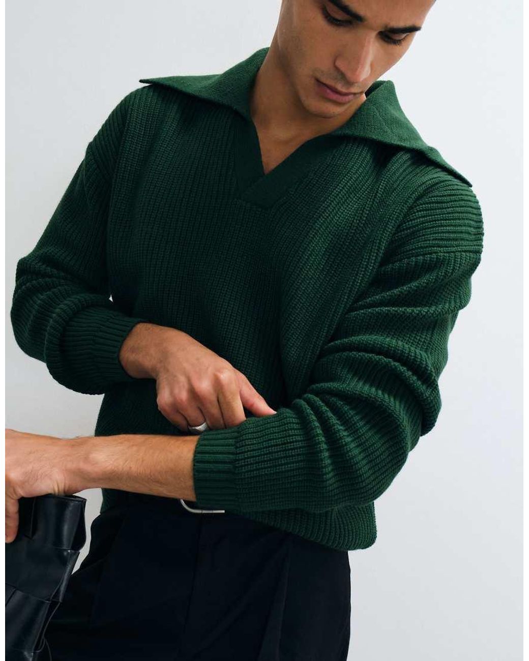 ASOS Green Oversized Knitted Extreme Open Collar Polo Jumper for men