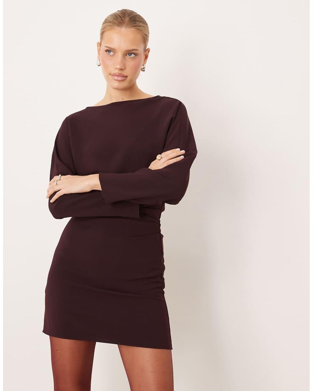 Mango Purple Ruched Side Long Sleeve Mini Dress