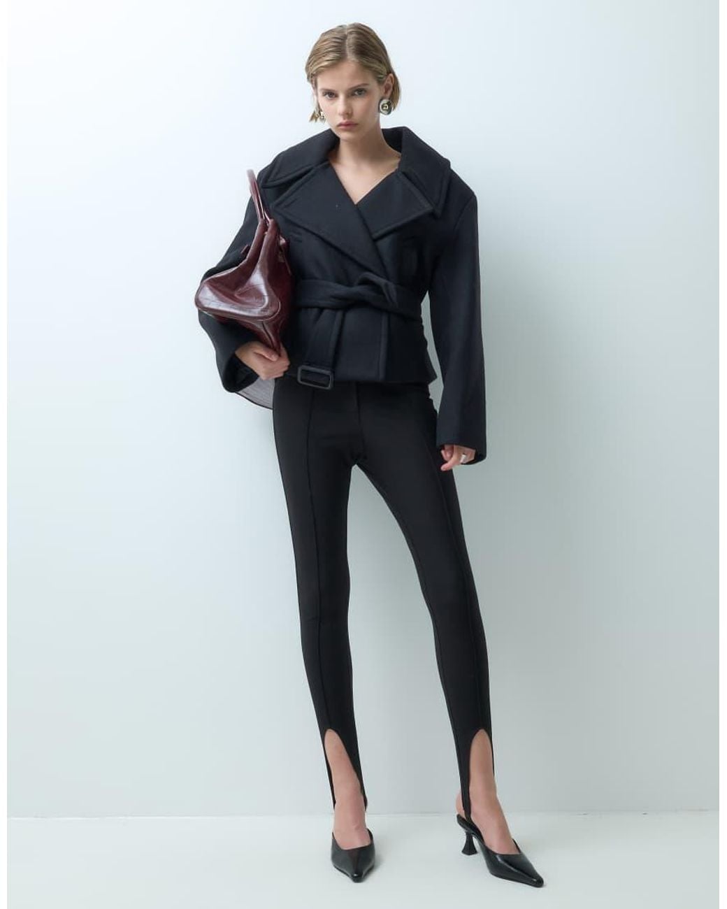 Mango Blue Wool Mix Sculpted Belted Short Jacket