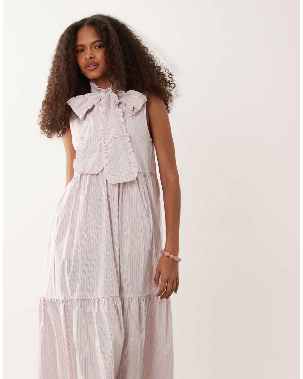 Sister Jane Pink Wave Tripe Bow Detail Tiered Skirt Maxi Dress
